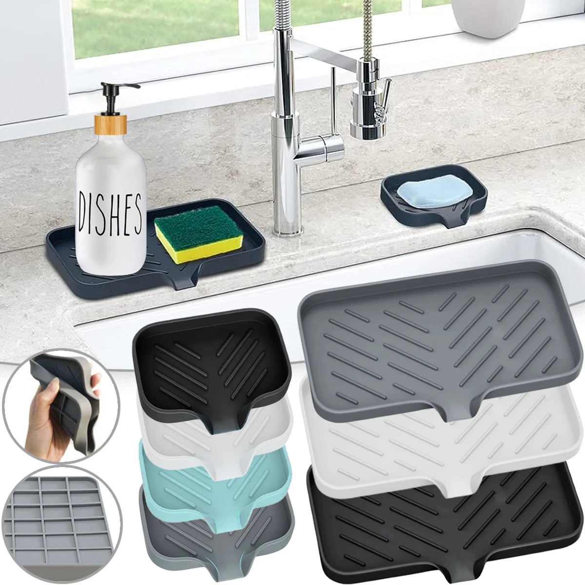 Kitchen Sink Sponge Holder Silicone Soap Dish Bar Soap Holder Self Draining Anti-slip Storage Rack Bathroom Supplies